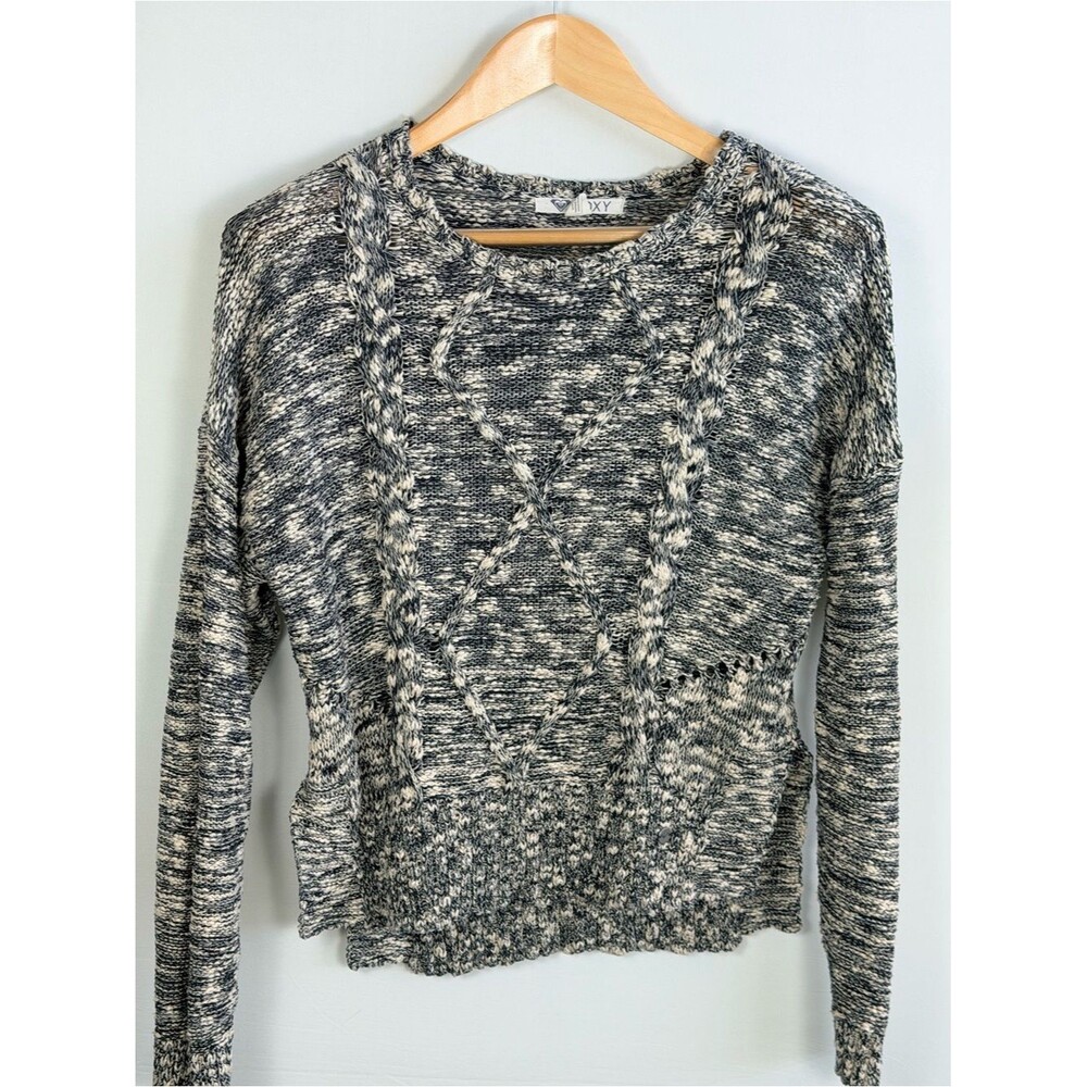 Roxy Chunky Cable Knit Cropped Sweater Cozy Textured Open Knit Marled Medium